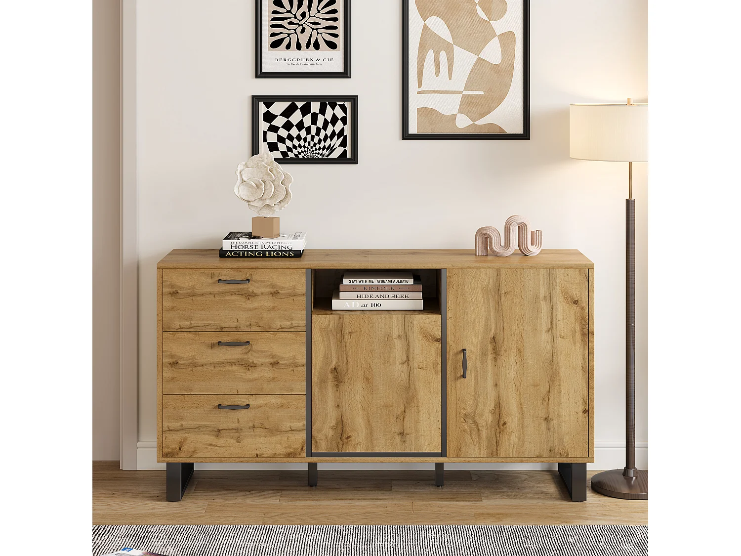 Credenza con 3 cassetti, 2 ante e 1 nicchia - 150 x 38 x 76,5 cm - Truciolare - per soggiorno, cucina - Colore naturale