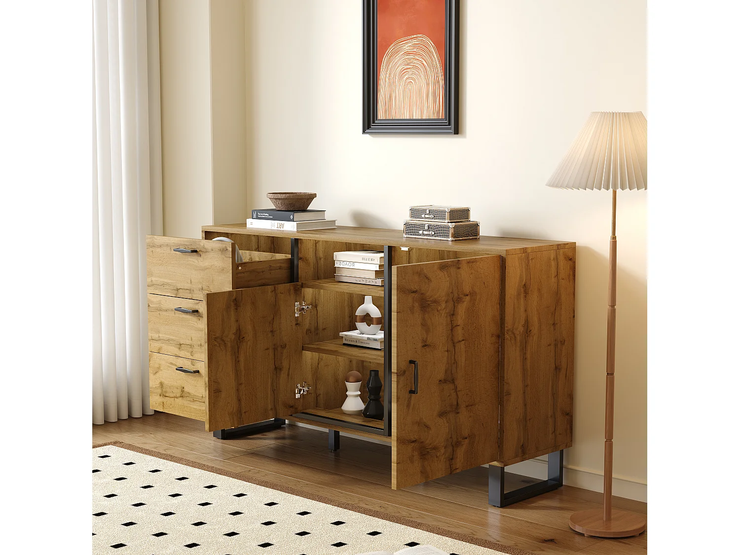 Credenza con 3 cassetti, 2 ante e 1 nicchia - 150 x 38 x 76,5 cm - Truciolare - per soggiorno, cucina - Colore naturale