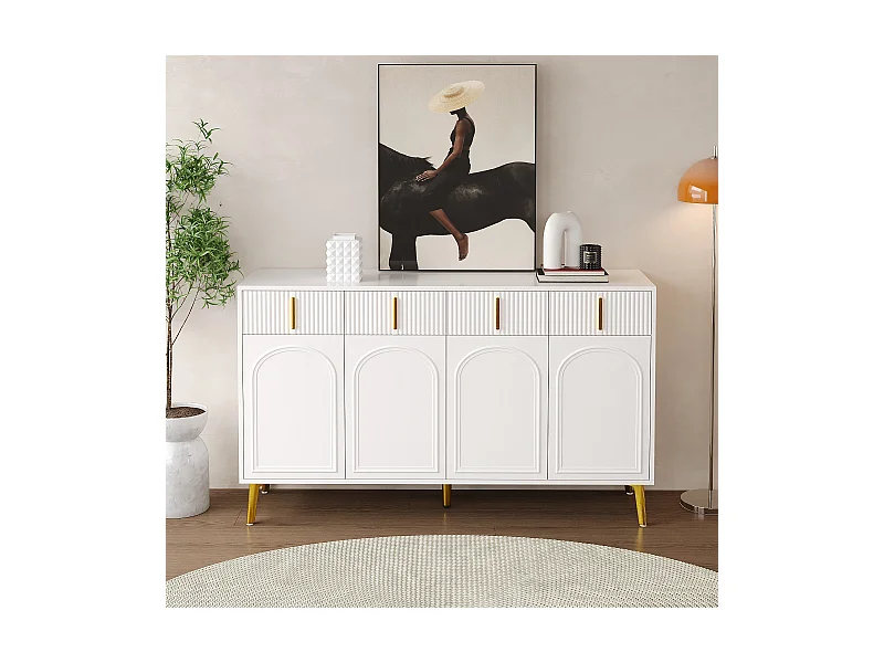 Sideboard mit 4 Türen und 4 Schubladen – 140 x 37,8 x 82 cm – MDF-Holz und goldene Griffe und Füße – Weiß