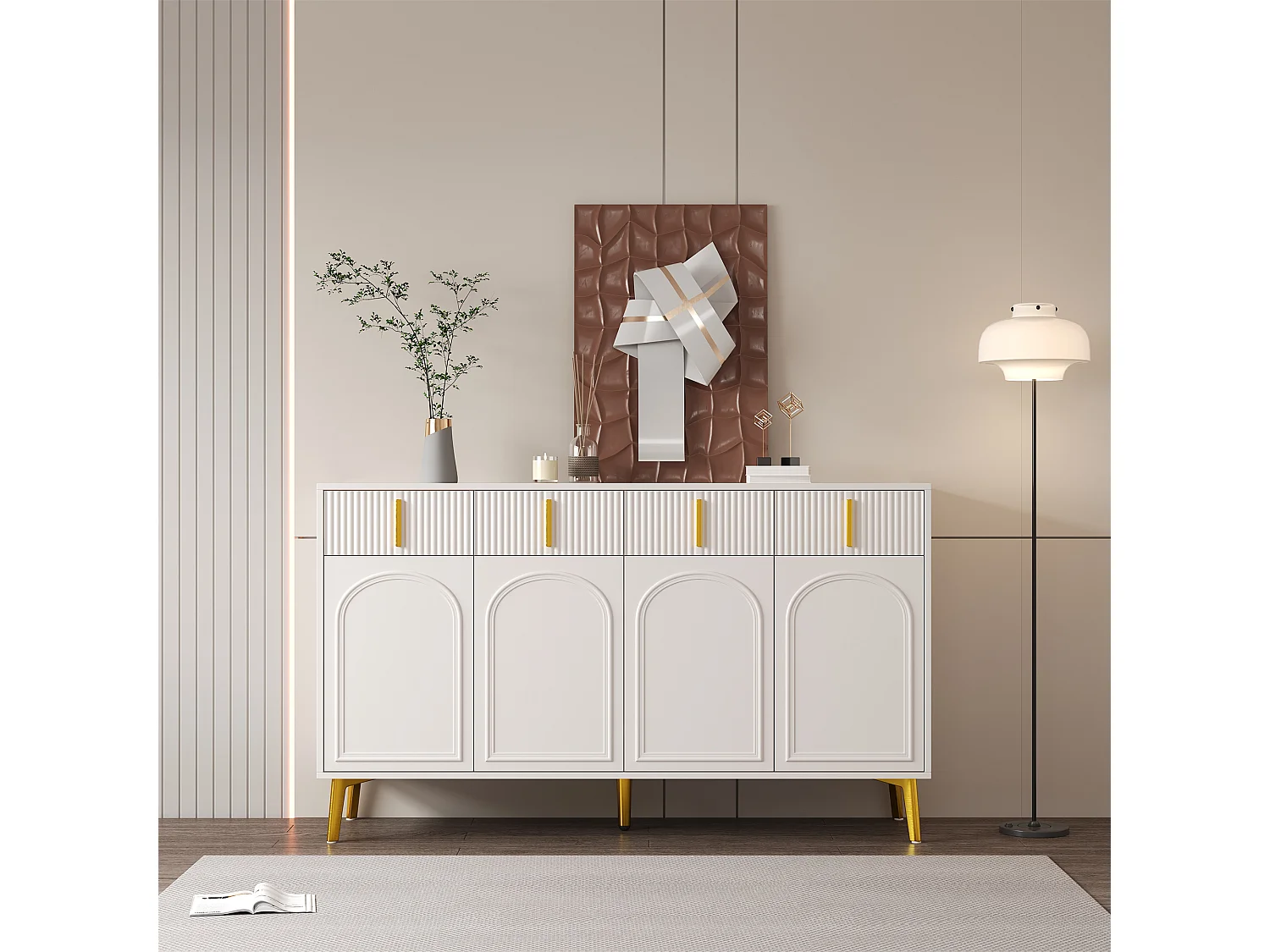 Buffet avec 4 portes et 4 tiroirs - 140 x 37.8 x 82 cm - Bois MDF et poignées et pieds dorés - Blanc
