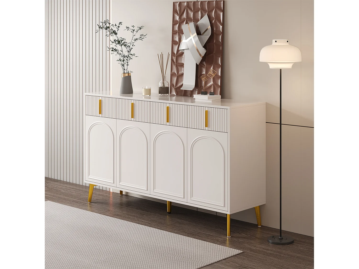 Buffet avec 4 portes et 4 tiroirs - 140 x 37.8 x 82 cm - Bois MDF et poignées et pieds dorés - Blanc