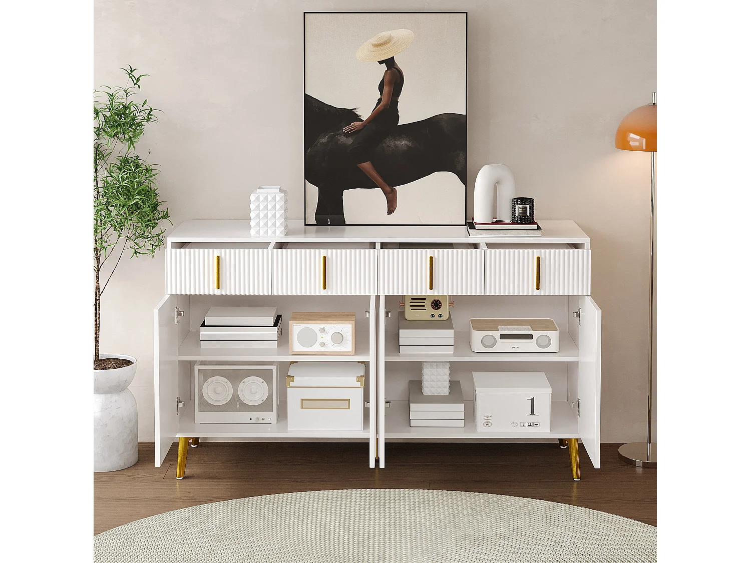 Buffet avec 4 portes et 4 tiroirs - 140 x 37.8 x 82 cm - Bois MDF et poignées et pieds dorés - Blanc