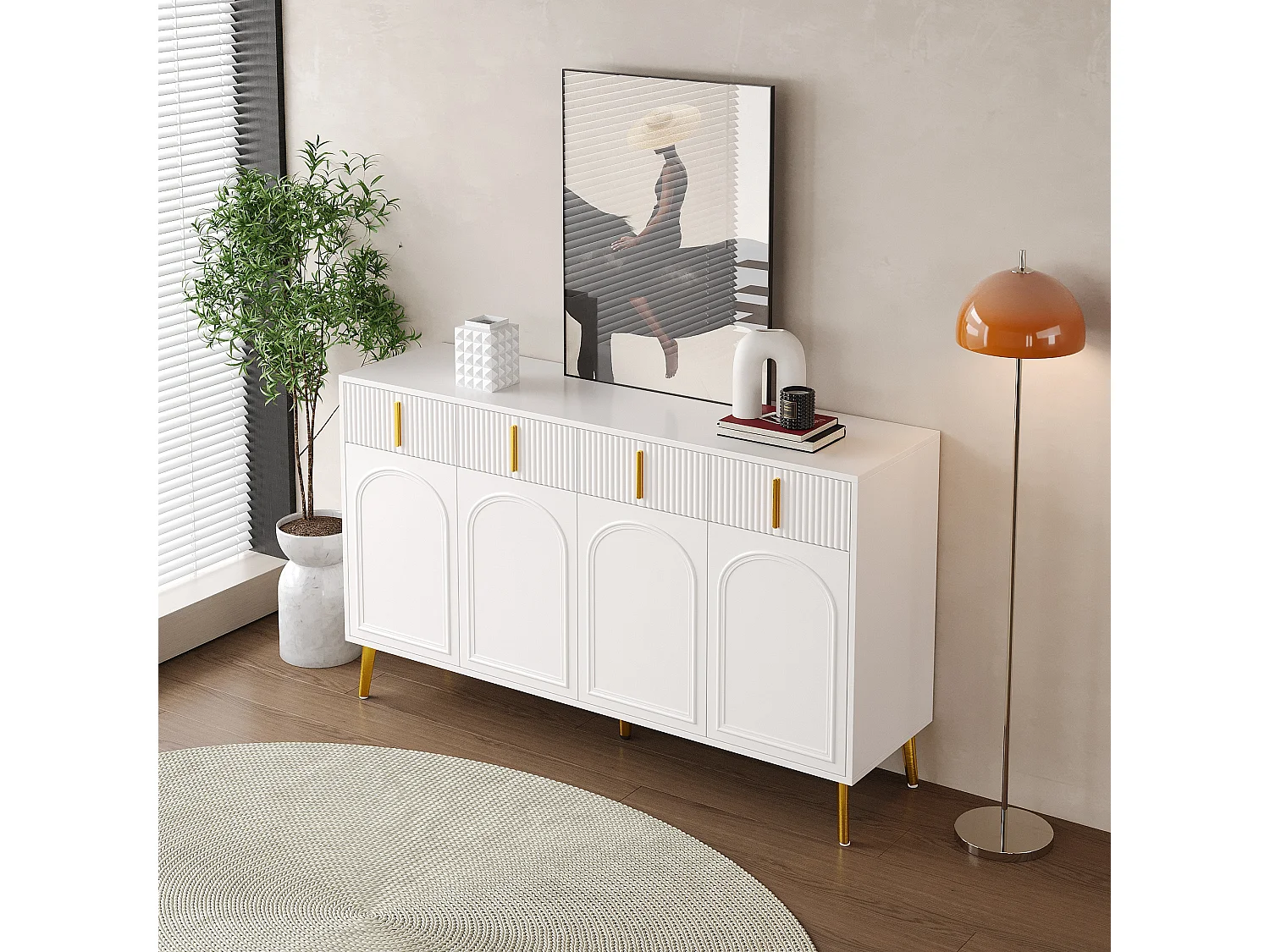Buffet avec 4 portes et 4 tiroirs - 140 x 37.8 x 82 cm - Bois MDF et poignées et pieds dorés - Blanc