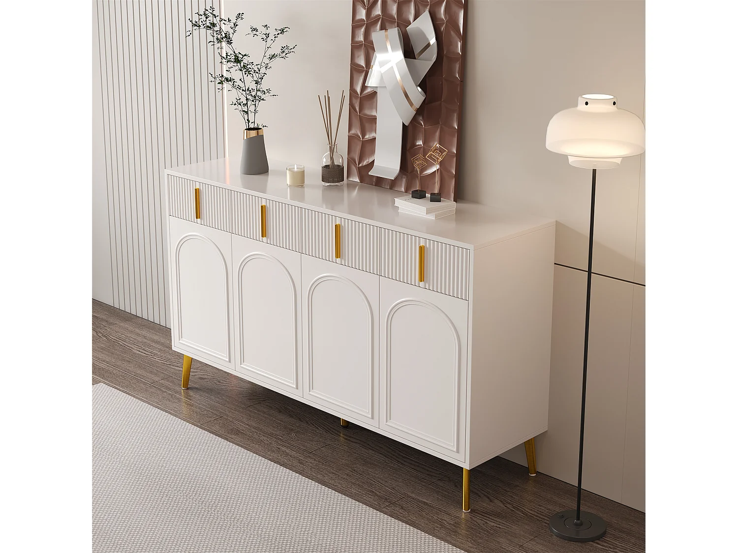 Buffet avec 4 portes et 4 tiroirs - 140 x 37.8 x 82 cm - Bois MDF et poignées et pieds dorés - Blanc
