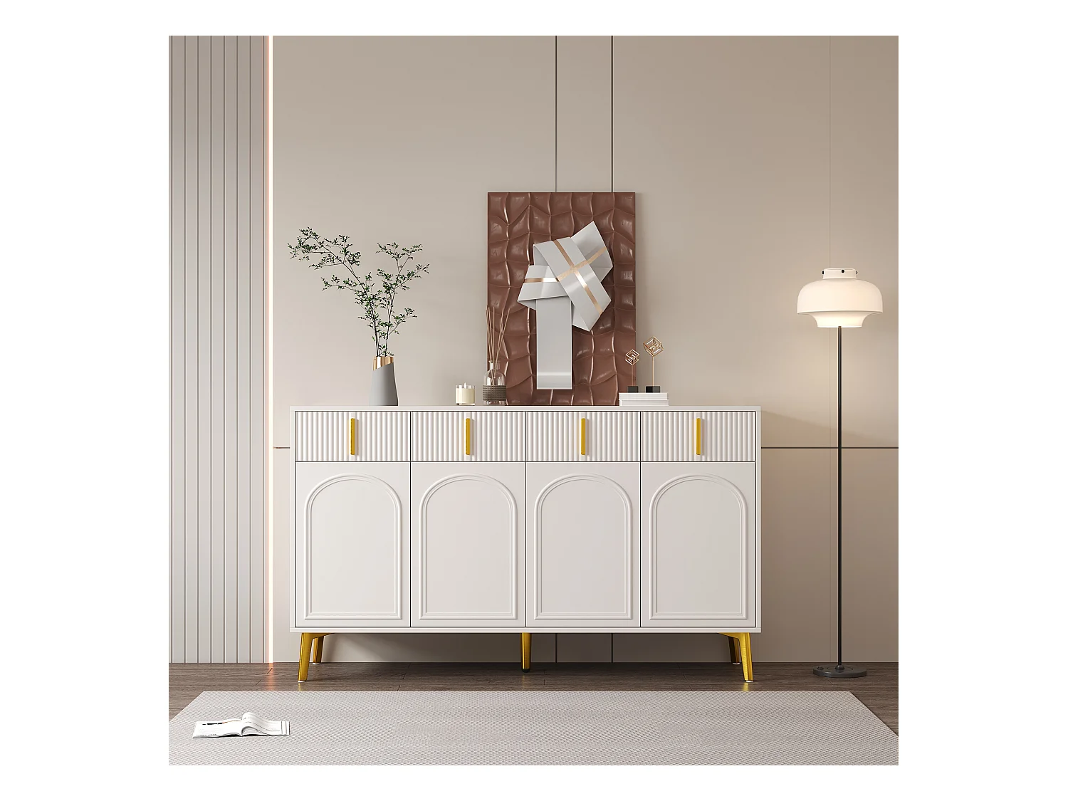 Buffet avec 4 portes et 4 tiroirs - 140 x 37.8 x 82 cm - Bois MDF et poignées et pieds dorés - Blanc