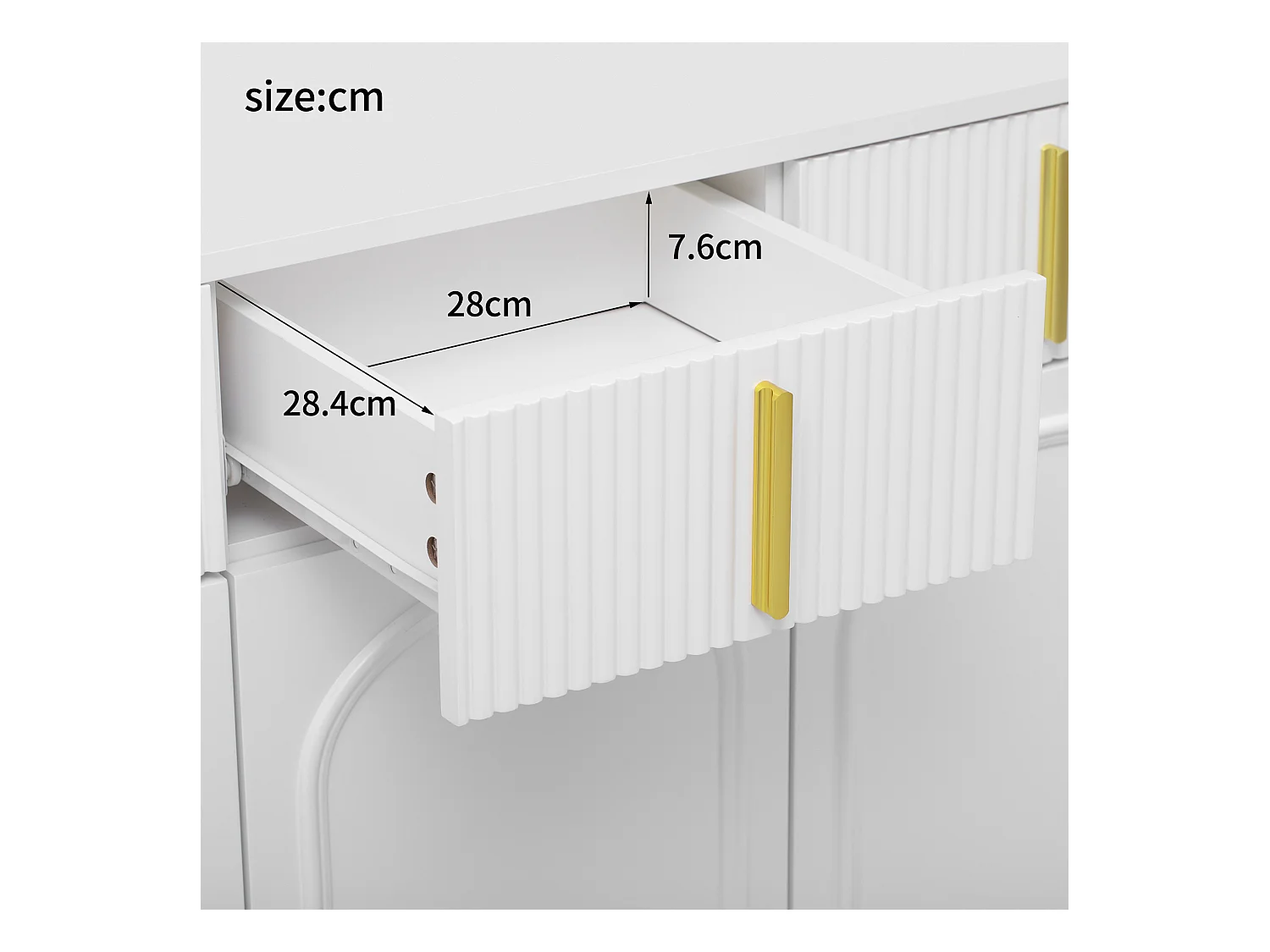 Buffet avec 4 portes et 4 tiroirs - 140 x 37.8 x 82 cm - Bois MDF et poignées et pieds dorés - Blanc