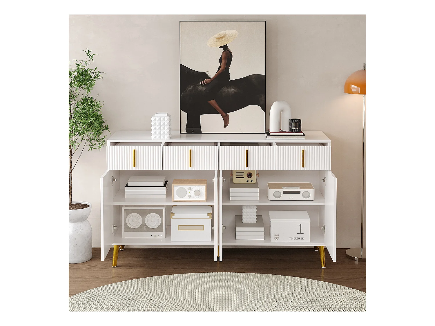 Buffet avec 4 portes et 4 tiroirs - 140 x 37.8 x 82 cm - Bois MDF et poignées et pieds dorés - Blanc