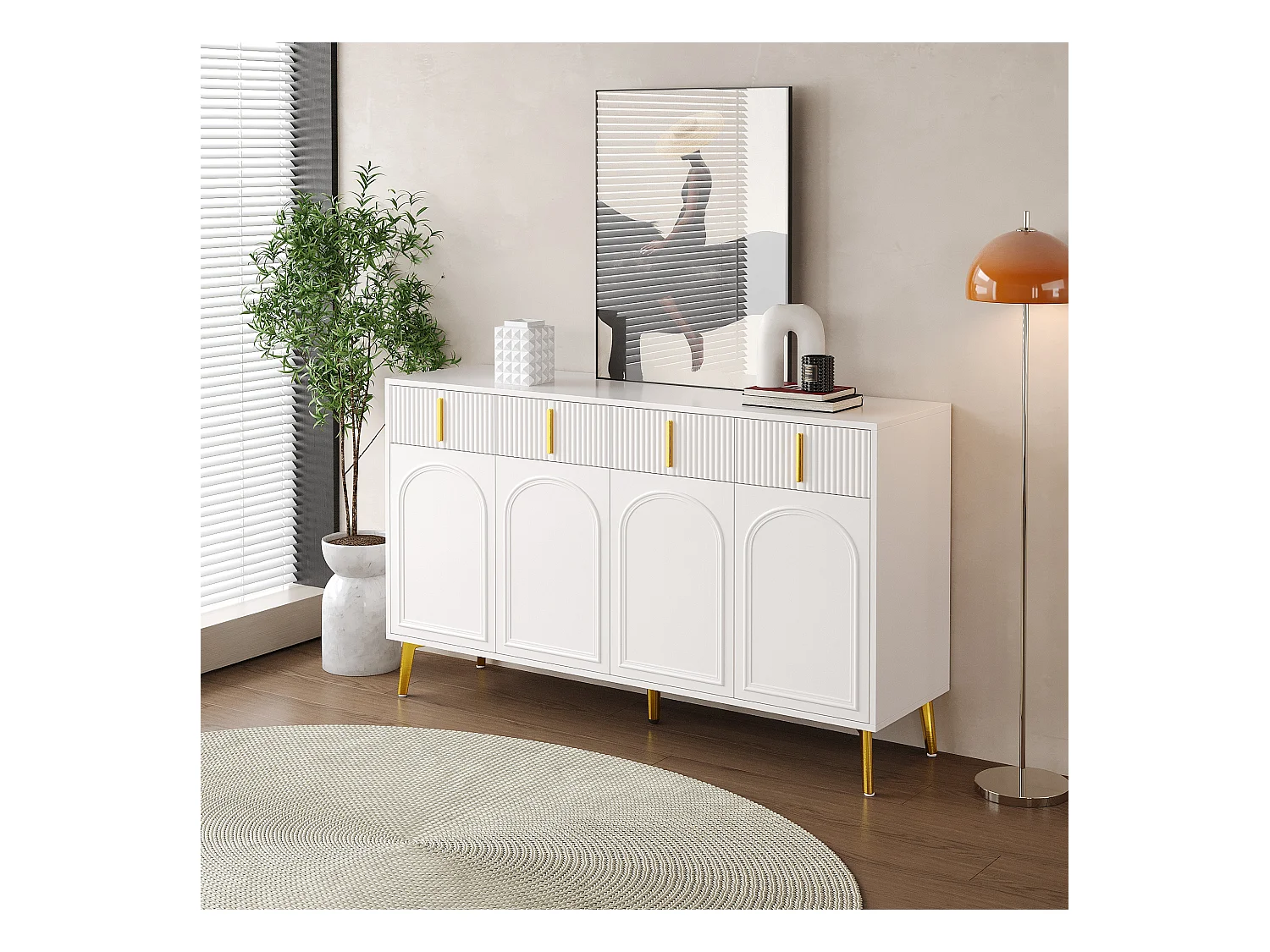 Buffet avec 4 portes et 4 tiroirs - 140 x 37.8 x 82 cm - Bois MDF et poignées et pieds dorés - Blanc