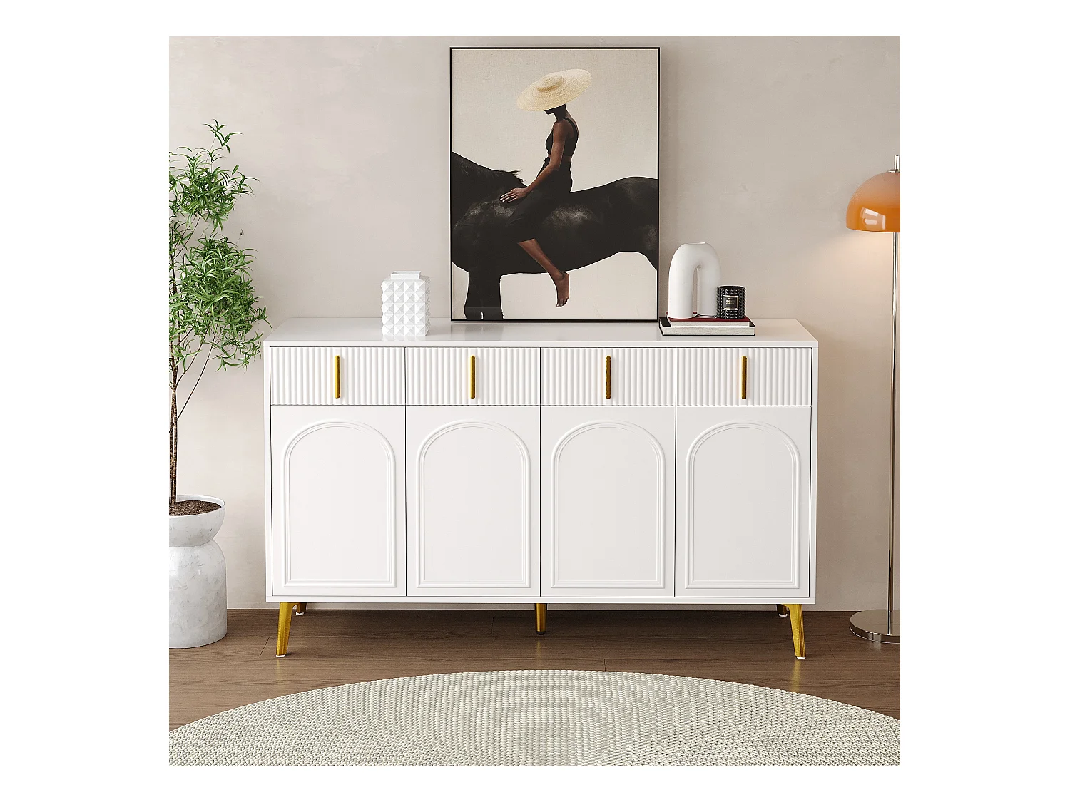 Buffet avec 4 portes et 4 tiroirs - 140 x 37.8 x 82 cm - Bois MDF et poignées et pieds dorés - Blanc