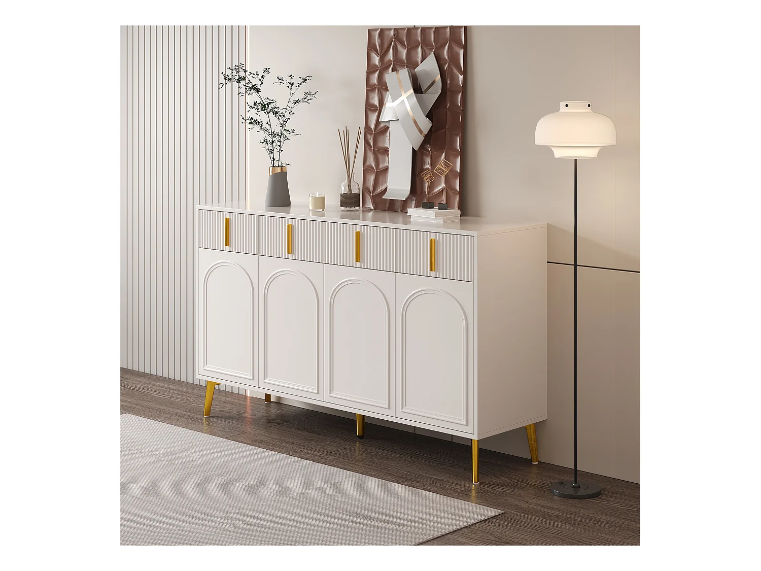 Buffet avec 4 portes et 4 tiroirs - 140 x 37.8 x 82 cm - Bois MDF et poignées et pieds dorés - Blanc