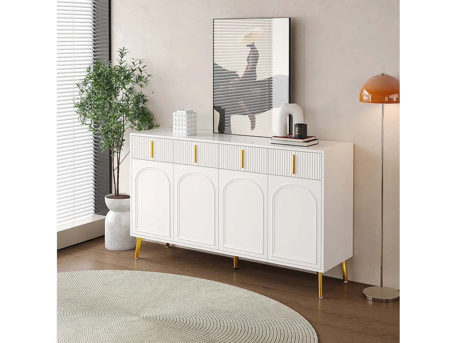 Buffet avec 4 portes et 4 tiroirs - 140 x 37.8 x 82 cm - Bois MDF et poignées et pieds dorés - Blanc