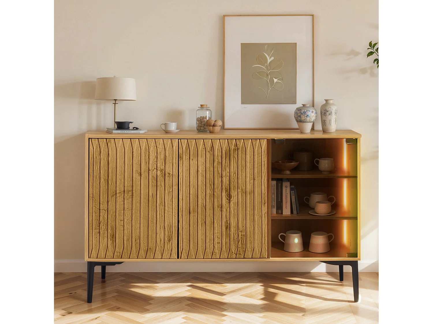 Aparador, mueble de baño con 3 puertas - 120 x 35 x 80 cm - Madera MDF + cristal - LED - Natural