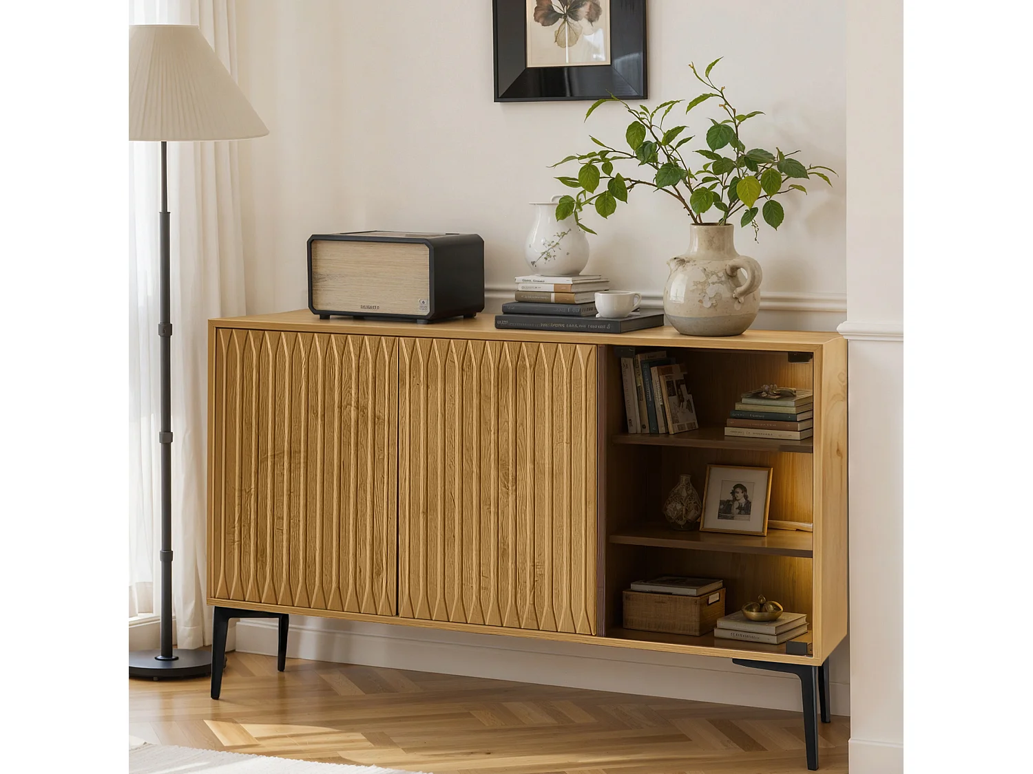 Aparador, mueble de baño con 3 puertas - 120 x 35 x 80 cm - Madera MDF + cristal - LED - Natural
