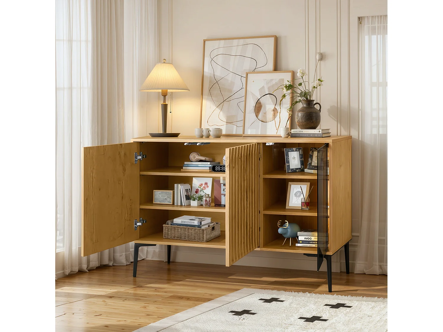 Aparador, mueble de baño con 3 puertas - 120 x 35 x 80 cm - Madera MDF + cristal - LED - Natural