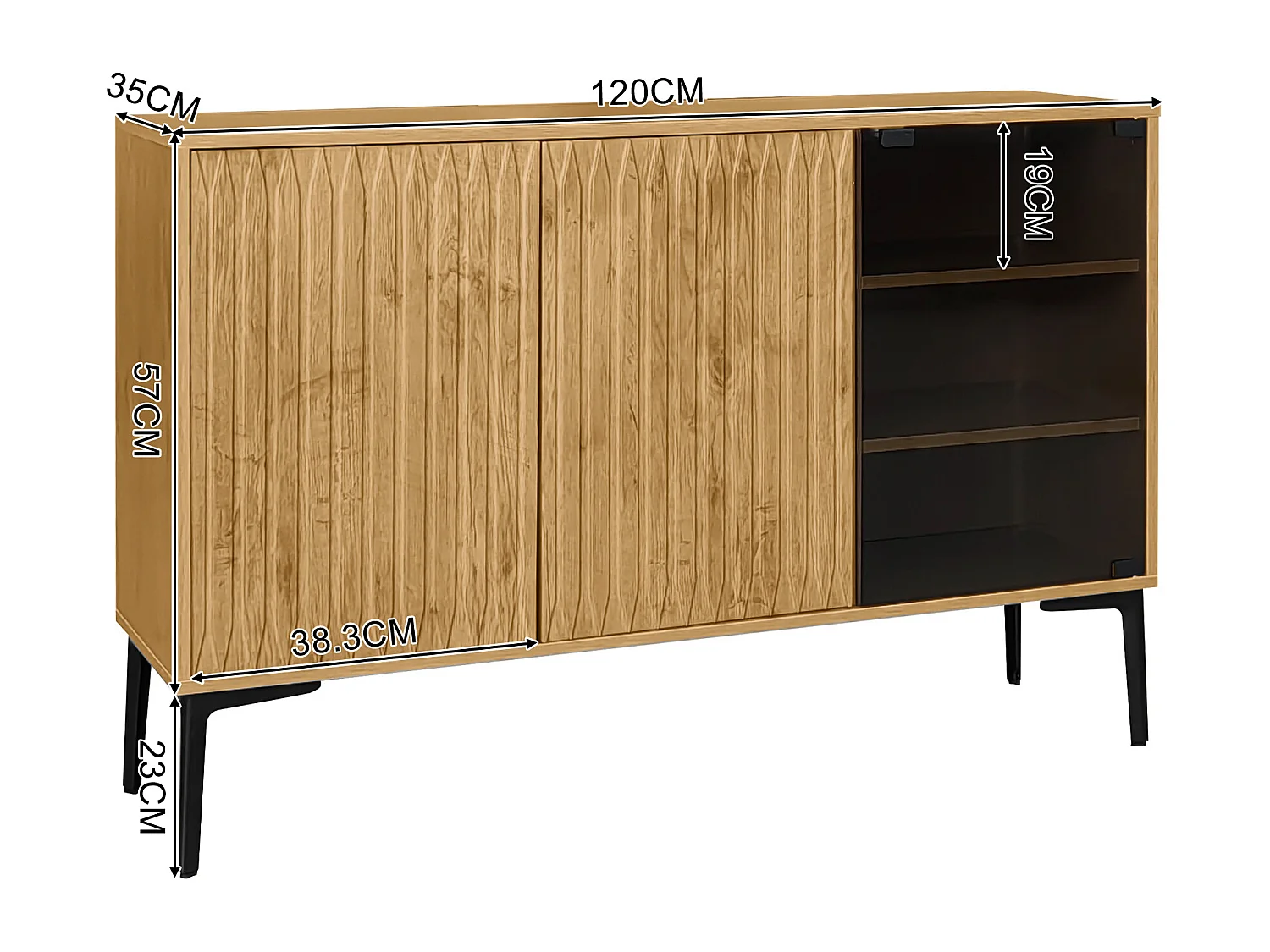 Aparador, mueble de baño con 3 puertas - 120 x 35 x 80 cm - Madera MDF + cristal - LED - Natural