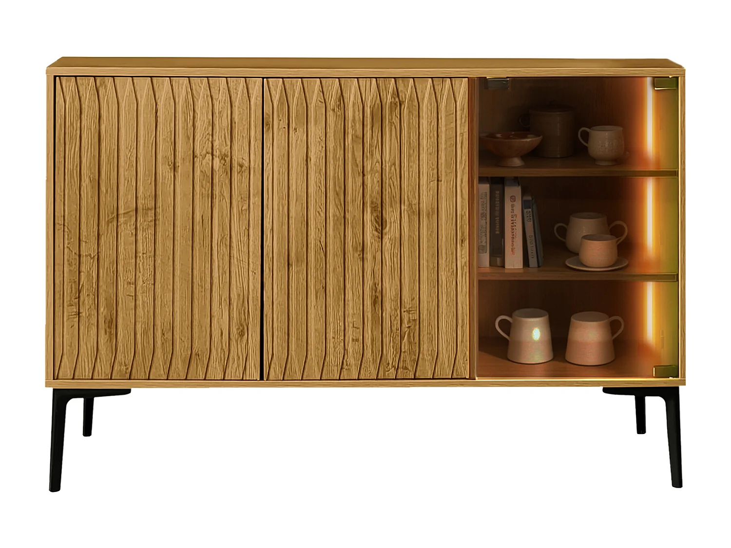 Aparador, mueble de baño con 3 puertas - 120 x 35 x 80 cm - Madera MDF + cristal - LED - Natural