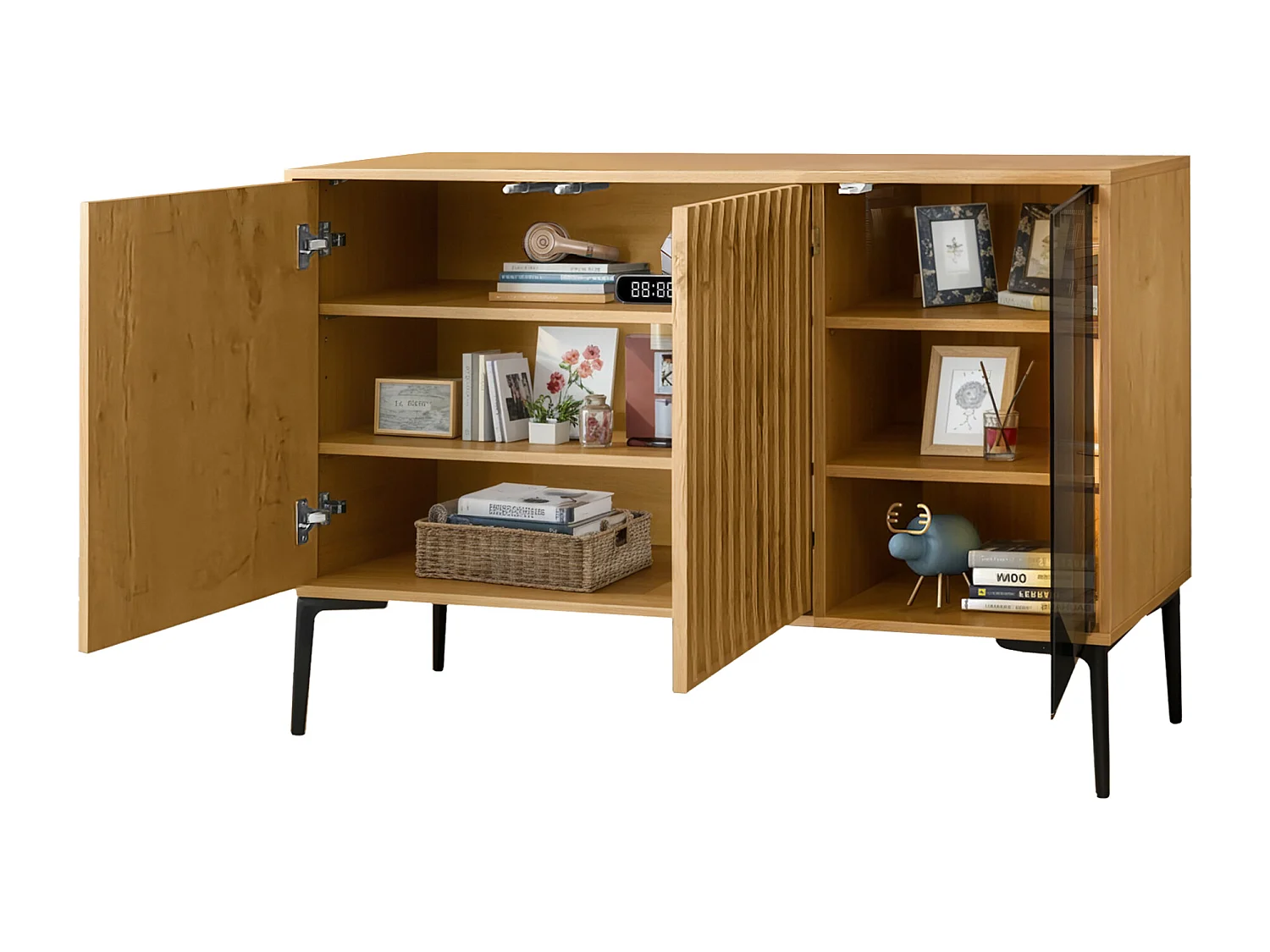 Aparador, mueble de baño con 3 puertas - 120 x 35 x 80 cm - Madera MDF + cristal - LED - Natural
