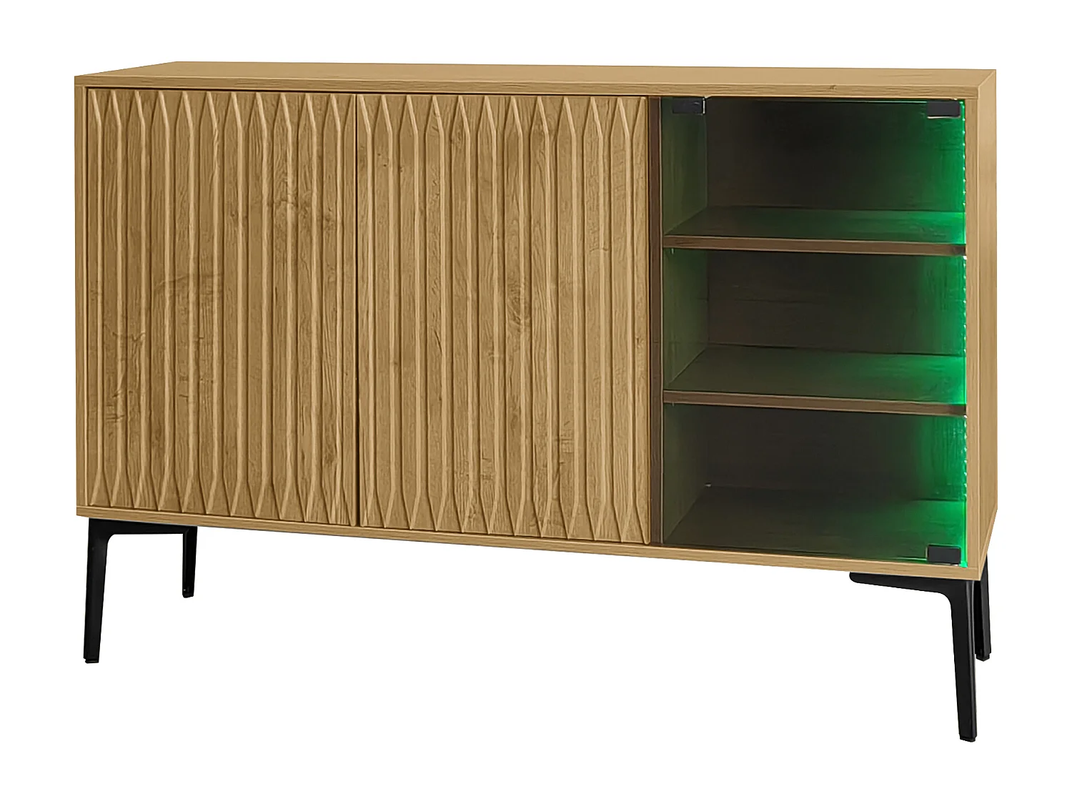 Aparador, mueble de baño con 3 puertas - 120 x 35 x 80 cm - Madera MDF + cristal - LED - Natural