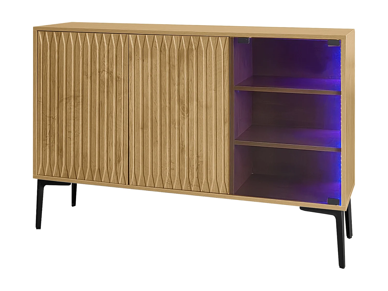 Aparador, mueble de baño con 3 puertas - 120 x 35 x 80 cm - Madera MDF + cristal - LED - Natural