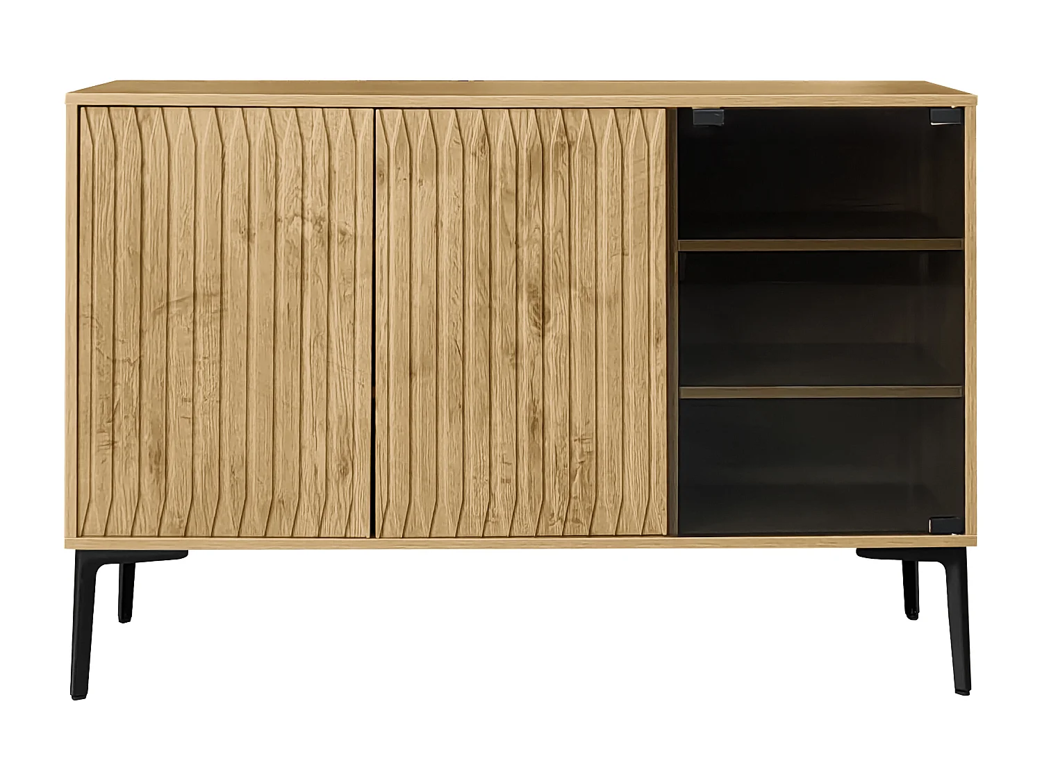 Aparador, mueble de baño con 3 puertas - 120 x 35 x 80 cm - Madera MDF + cristal - LED - Natural