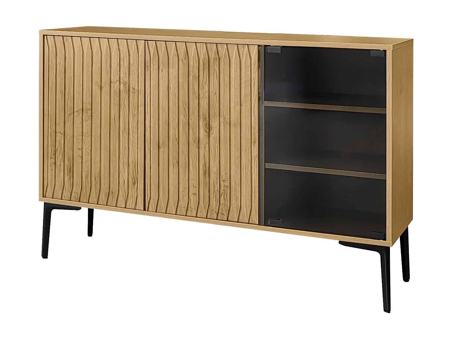Aparador, mueble de baño con 3 puertas - 120 x 35 x 80 cm - Madera MDF + cristal - LED - Natural