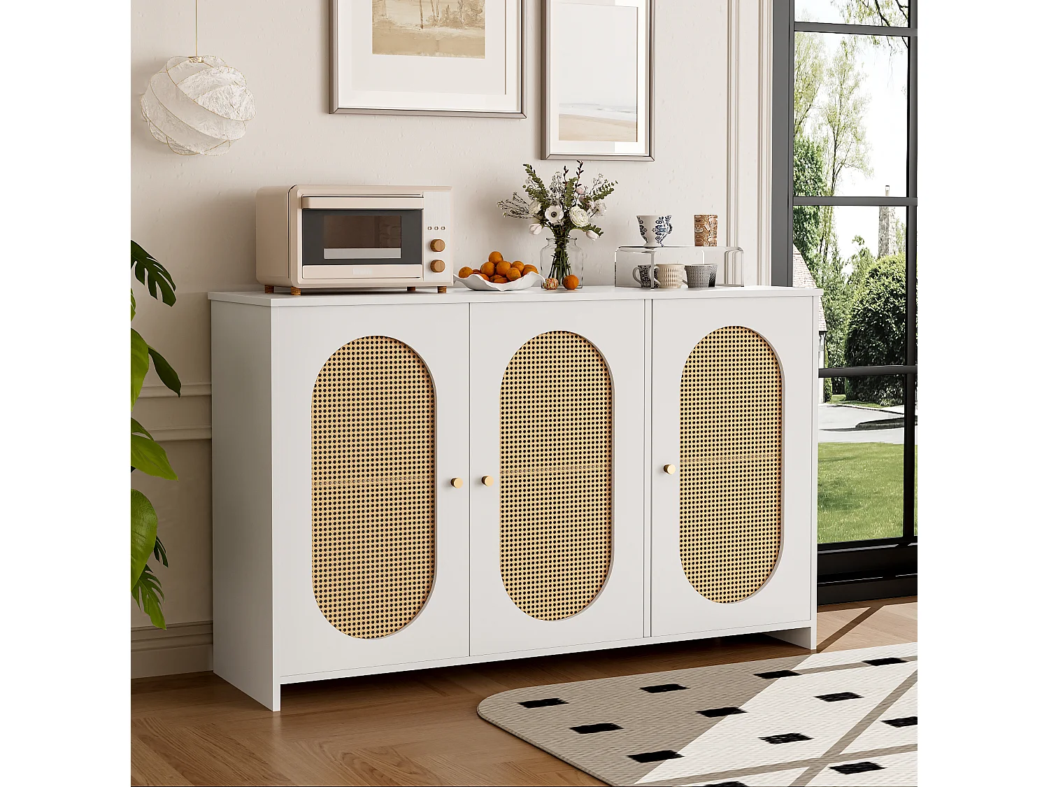 Nowoczesny kredens z 3 drzwiami z imitacji rattanu - 125 x 38 x 78 cm - drewno MDF - biały