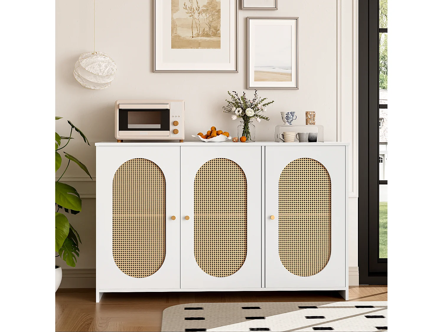 Nowoczesny kredens z 3 drzwiami z imitacji rattanu - 125 x 38 x 78 cm - drewno MDF - biały