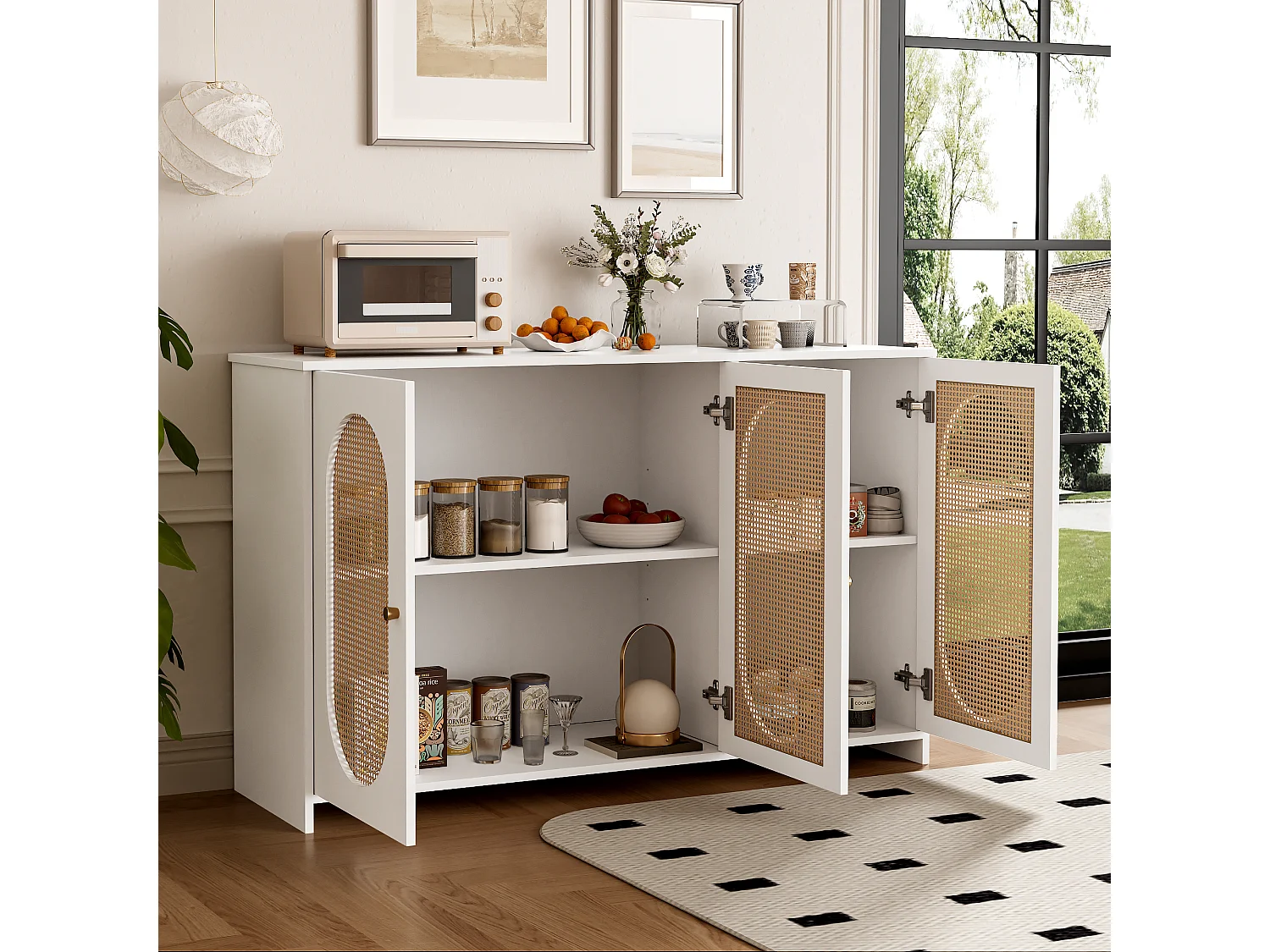 Nowoczesny kredens z 3 drzwiami z imitacji rattanu - 125 x 38 x 78 cm - drewno MDF - biały