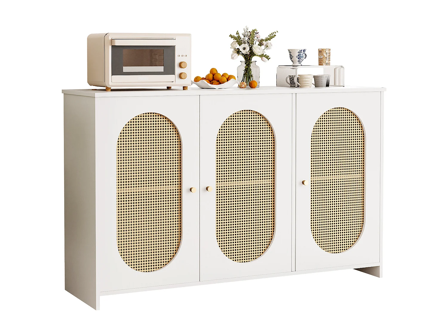 Nowoczesny kredens z 3 drzwiami z imitacji rattanu - 125 x 38 x 78 cm - drewno MDF - biały