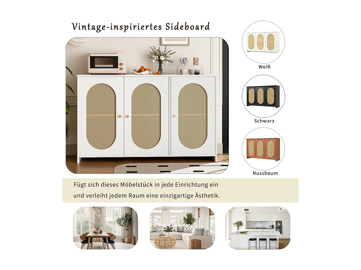 Nowoczesny kredens z 3 drzwiami z imitacji rattanu - 125 x 38 x 78 cm - drewno MDF - biały