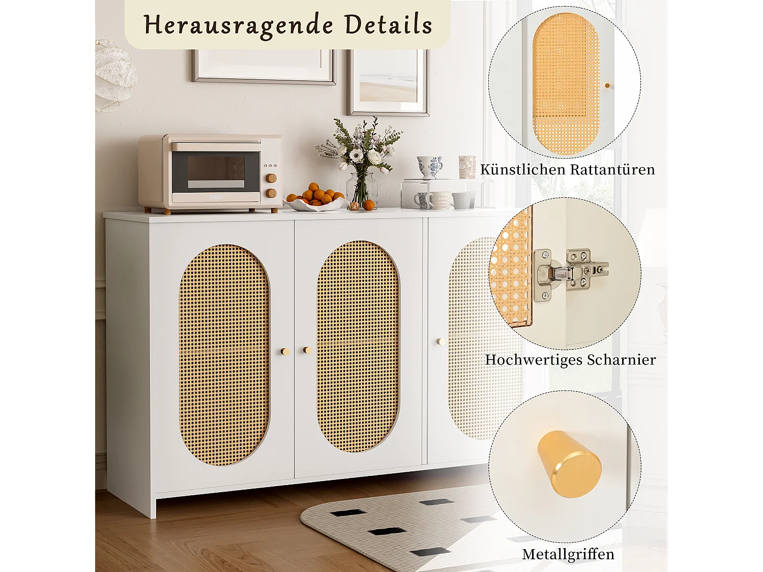 Nowoczesny kredens z 3 drzwiami z imitacji rattanu - 125 x 38 x 78 cm - drewno MDF - biały