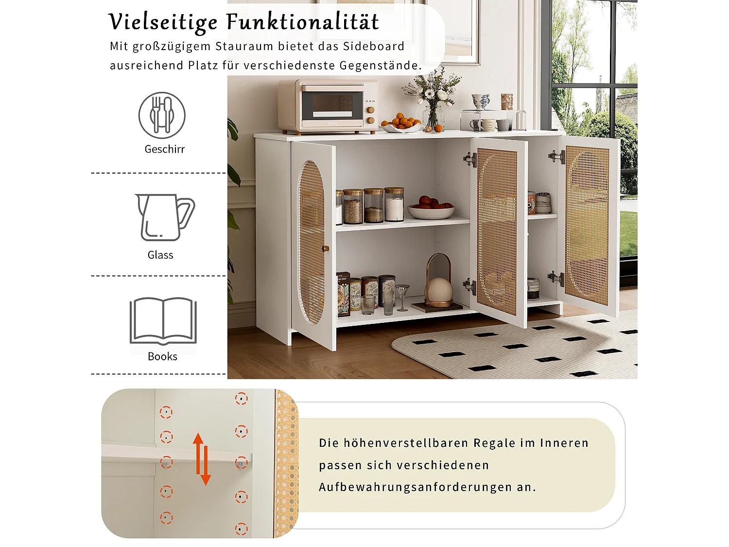 Nowoczesny kredens z 3 drzwiami z imitacji rattanu - 125 x 38 x 78 cm - drewno MDF - biały