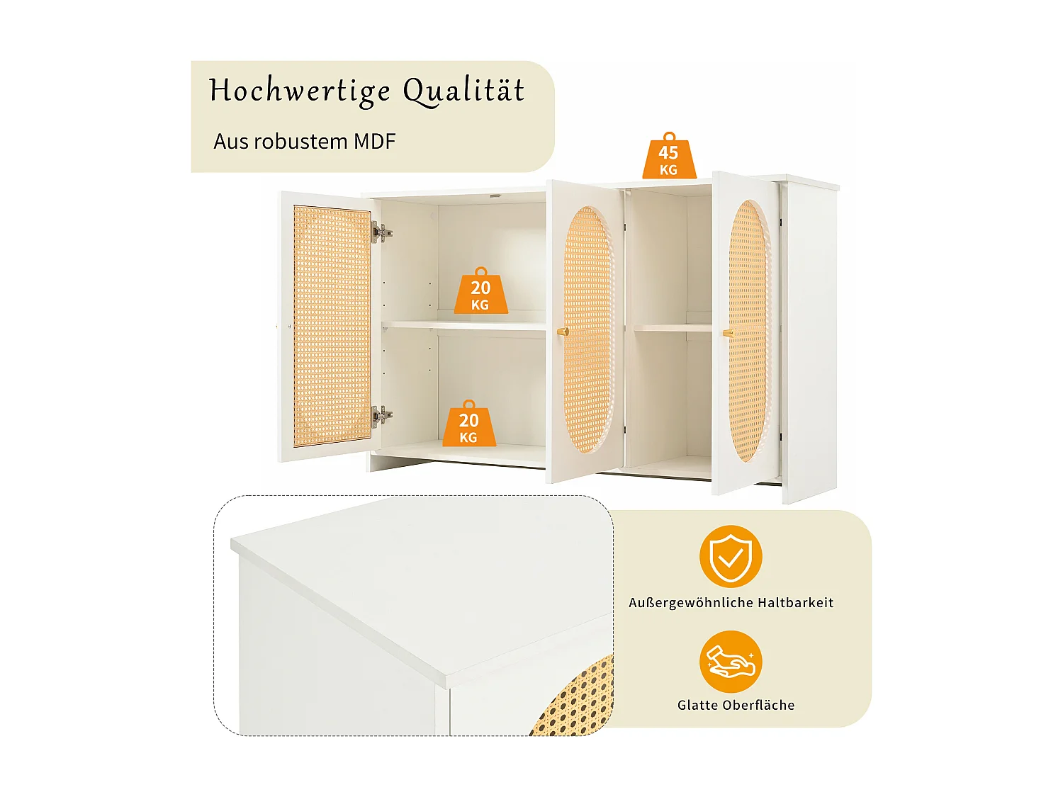 Nowoczesny kredens z 3 drzwiami z imitacji rattanu - 125 x 38 x 78 cm - drewno MDF - biały