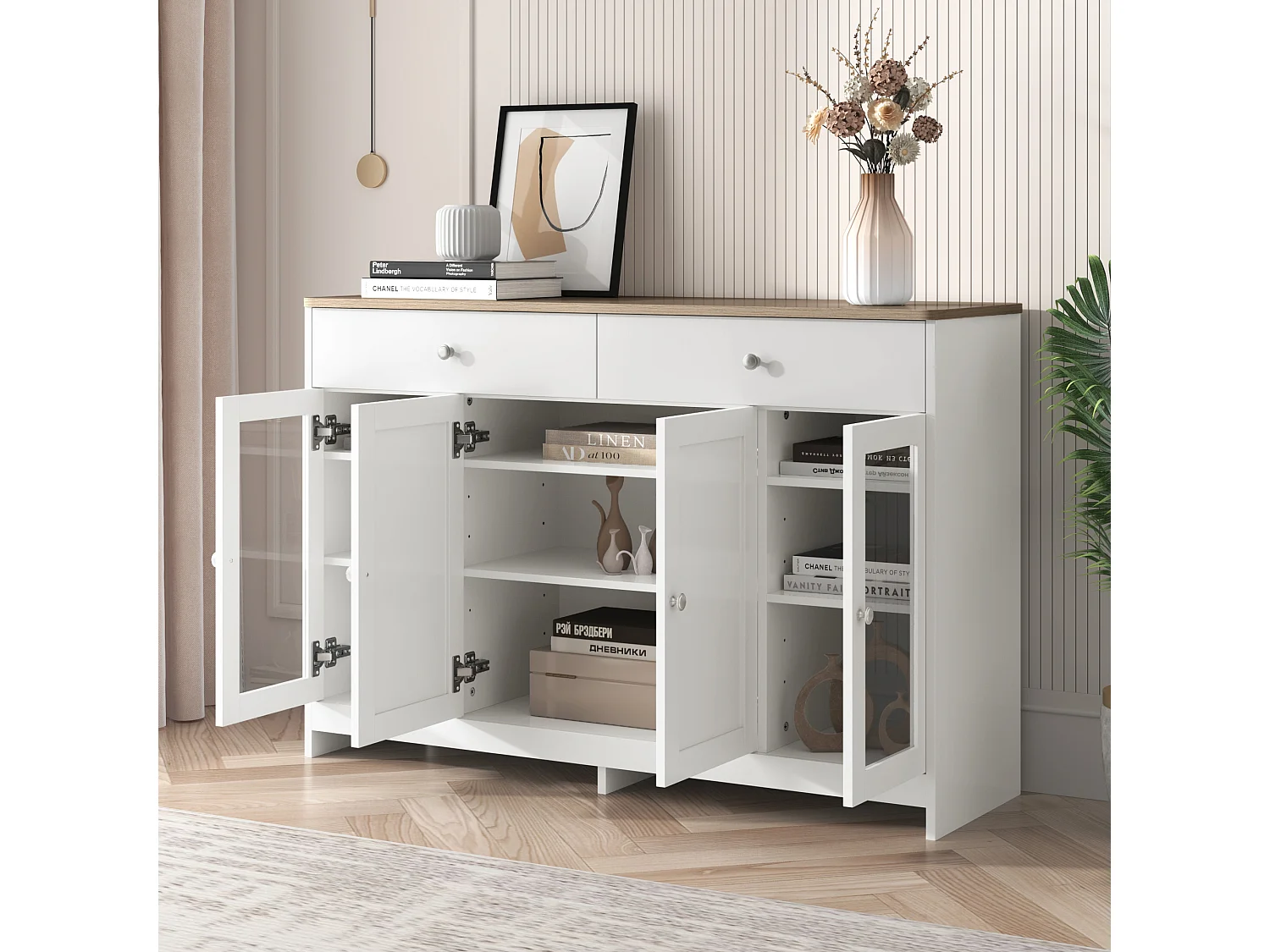 Aparador veta de madera blanca - 2 cajones + 4 puertas - 120 x 37 x 80 cm - Madera MDF y vidrio - Color blanco y madera