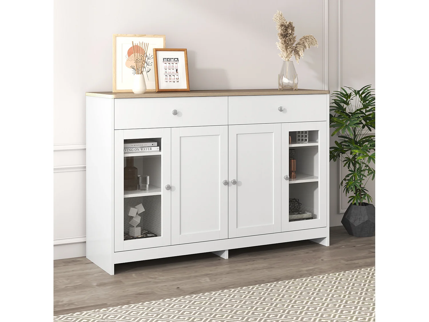 Aparador veta de madera blanca - 2 cajones + 4 puertas - 120 x 37 x 80 cm - Madera MDF y vidrio - Color blanco y madera