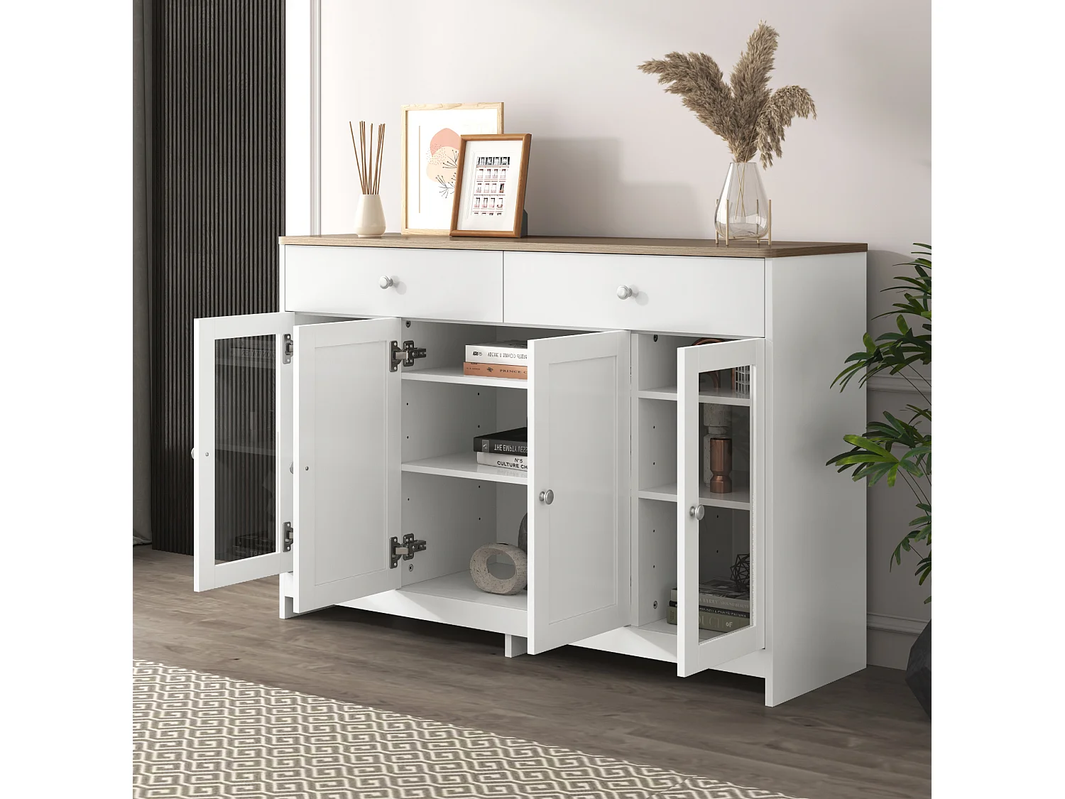 Aparador veta de madera blanca - 2 cajones + 4 puertas - 120 x 37 x 80 cm - Madera MDF y vidrio - Color blanco y madera