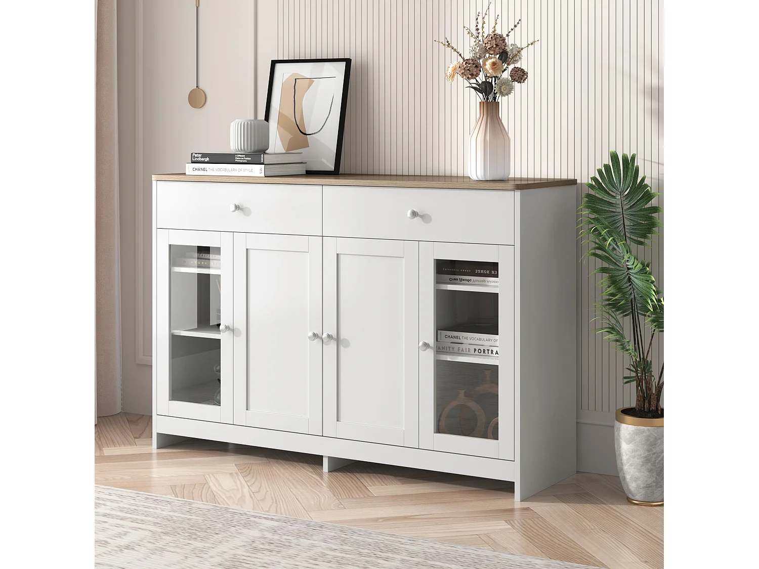 Aparador veta de madera blanca - 2 cajones + 4 puertas - 120 x 37 x 80 cm - Madera MDF y vidrio - Color blanco y madera