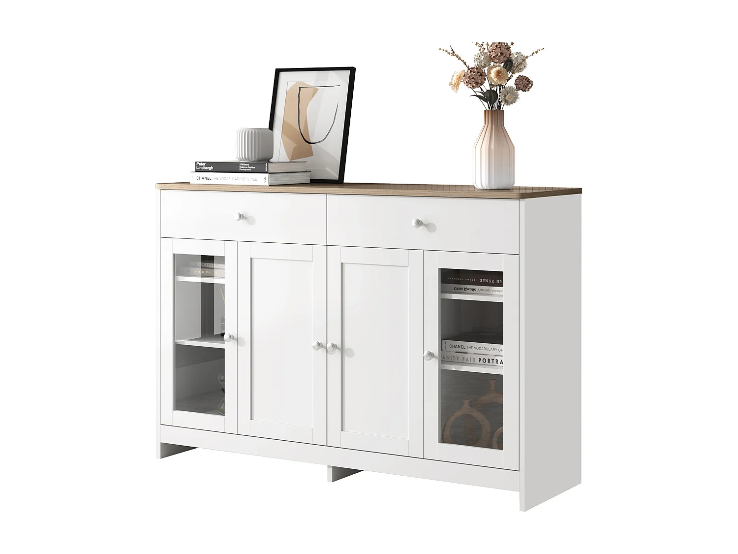 Aparador veta de madera blanca - 2 cajones + 4 puertas - 120 x 37 x 80 cm - Madera MDF y vidrio - Color blanco y madera