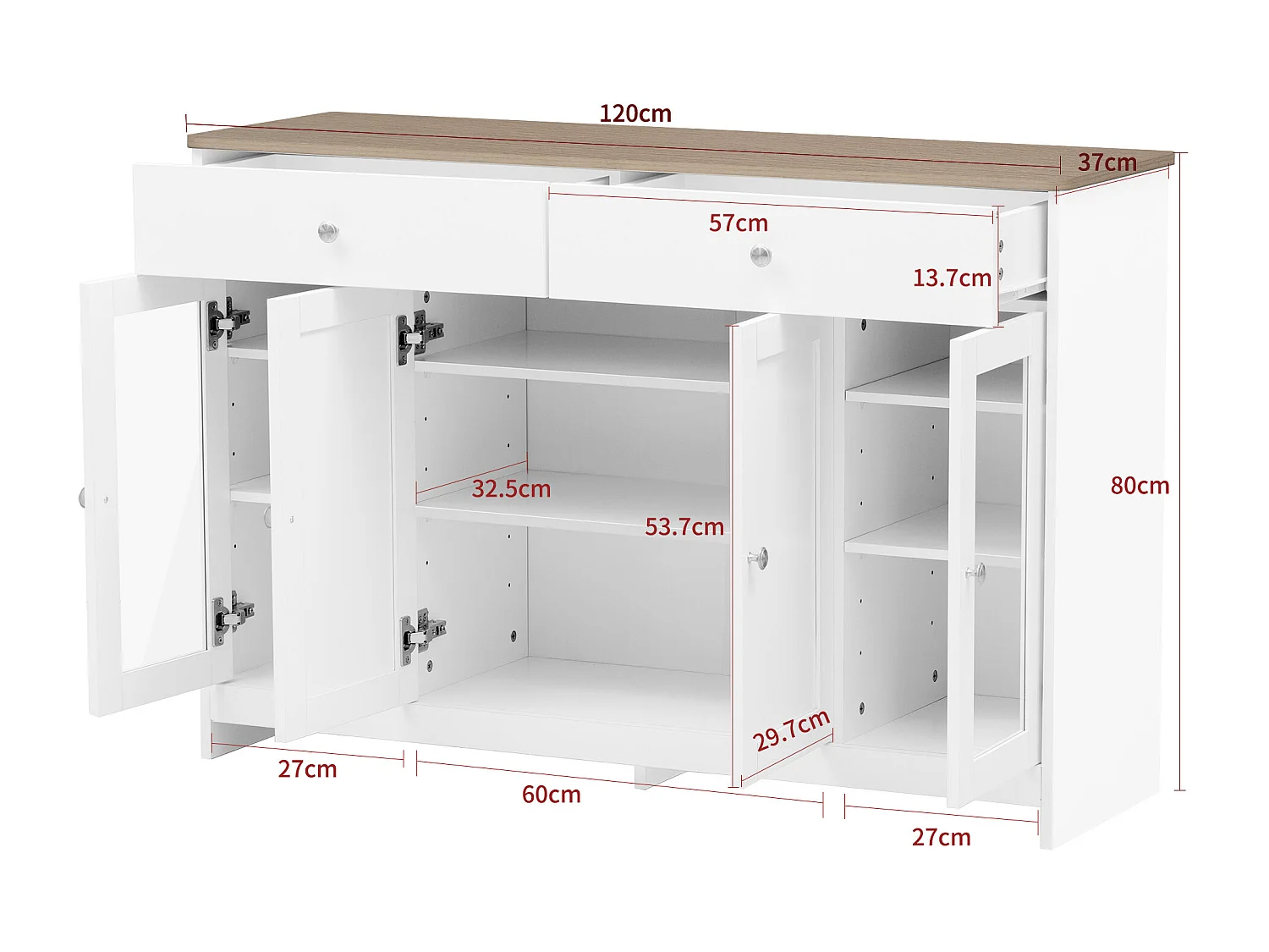 Aparador veta de madera blanca - 2 cajones + 4 puertas - 120 x 37 x 80 cm - Madera MDF y vidrio - Color blanco y madera