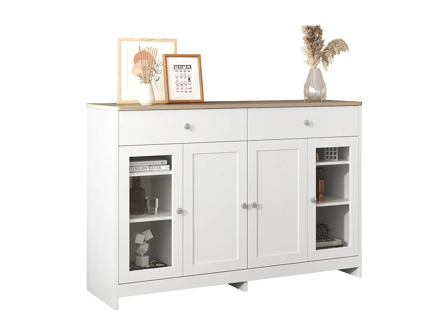 Aparador veta de madera blanca - 2 cajones + 4 puertas - 120 x 37 x 80 cm - Madera MDF y vidrio - Color blanco y madera