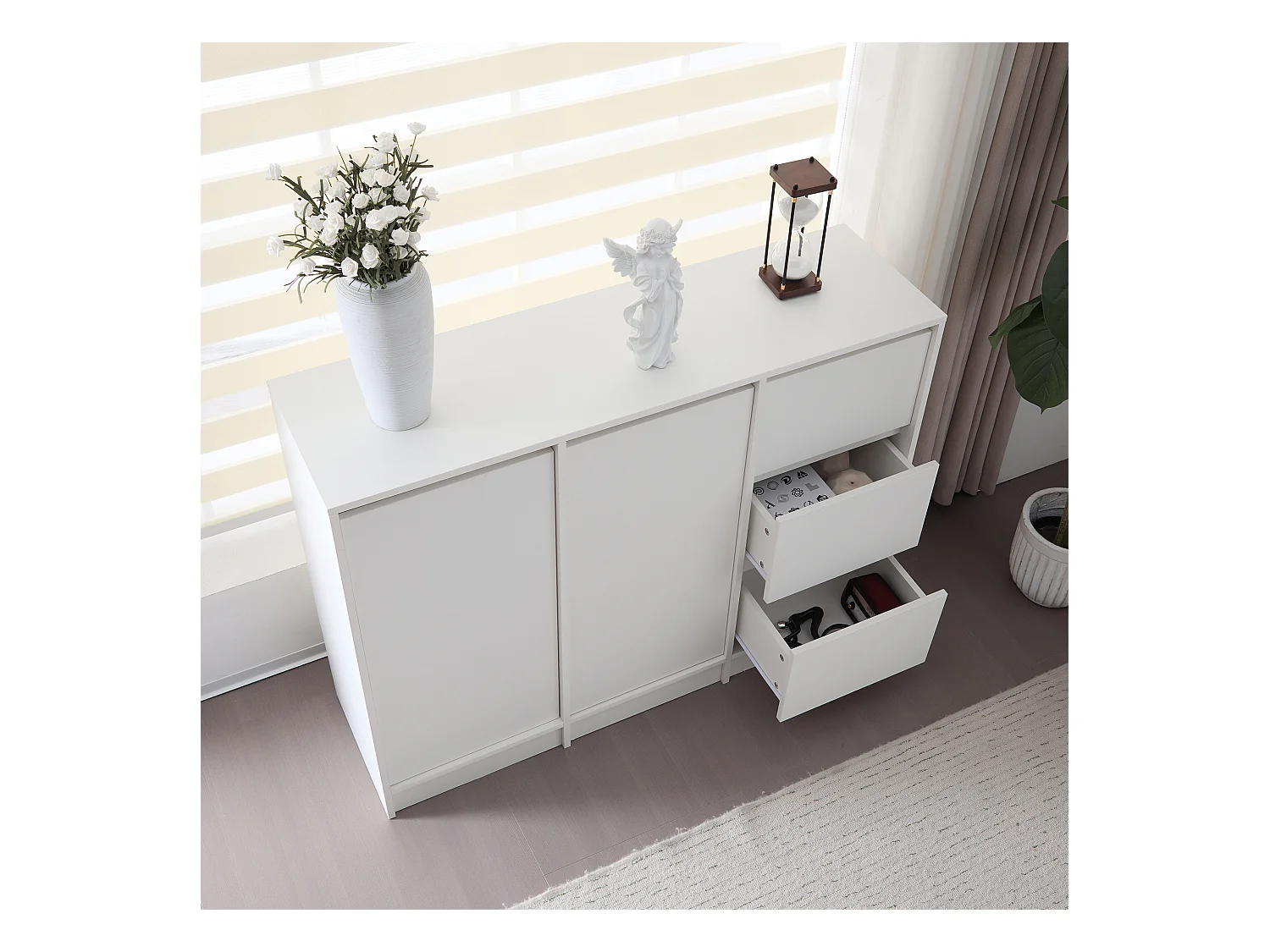 Modernes Sideboard mit 3 Schubladen und 2 Türen – 120 x 35 x 90 cm – Spanplatte – Weiß