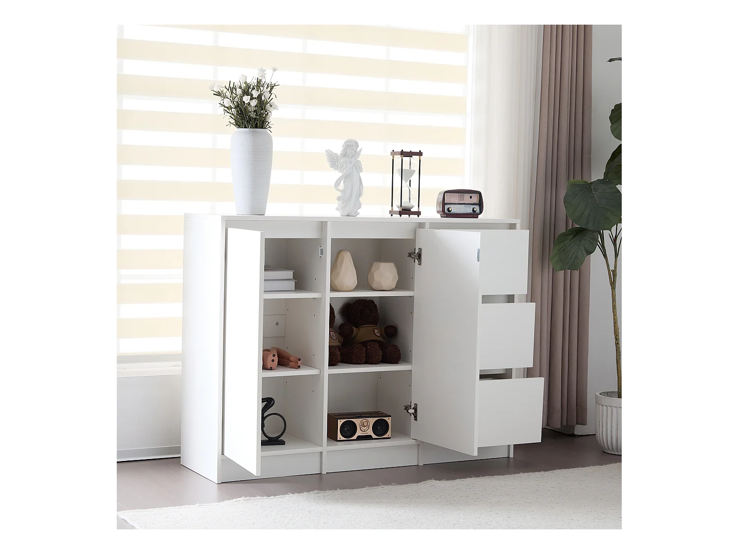 Modernes Sideboard mit 3 Schubladen und 2 Türen – 120 x 35 x 90 cm – Spanplatte – Weiß