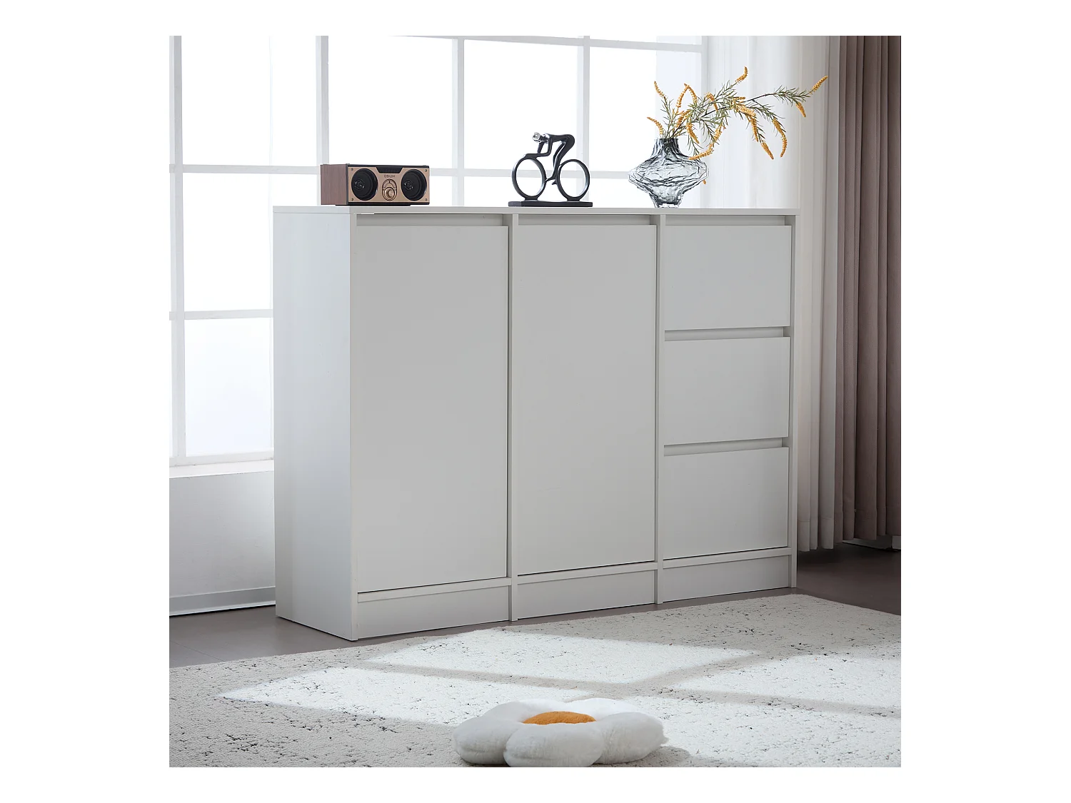 Modernes Sideboard mit 3 Schubladen und 2 Türen – 120 x 35 x 90 cm – Spanplatte – Weiß