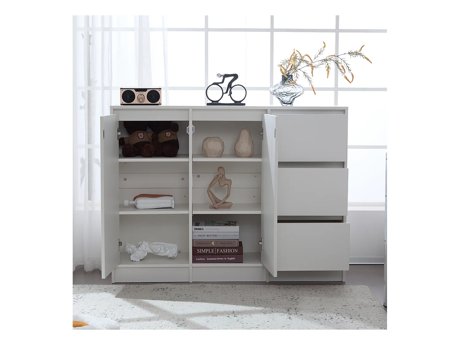 Modernes Sideboard mit 3 Schubladen und 2 Türen – 120 x 35 x 90 cm – Spanplatte – Weiß