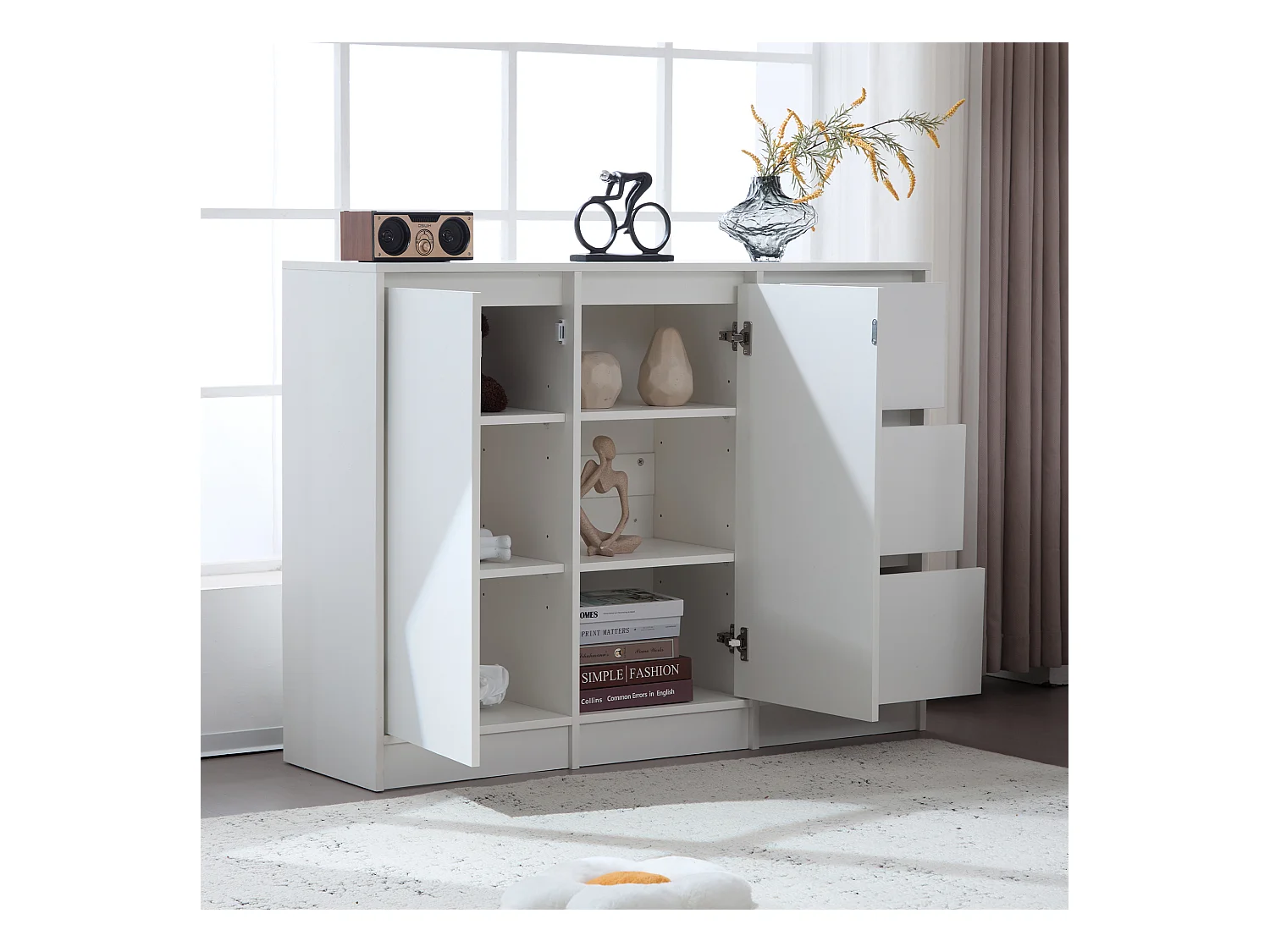 Modernes Sideboard mit 3 Schubladen und 2 Türen – 120 x 35 x 90 cm – Spanplatte – Weiß