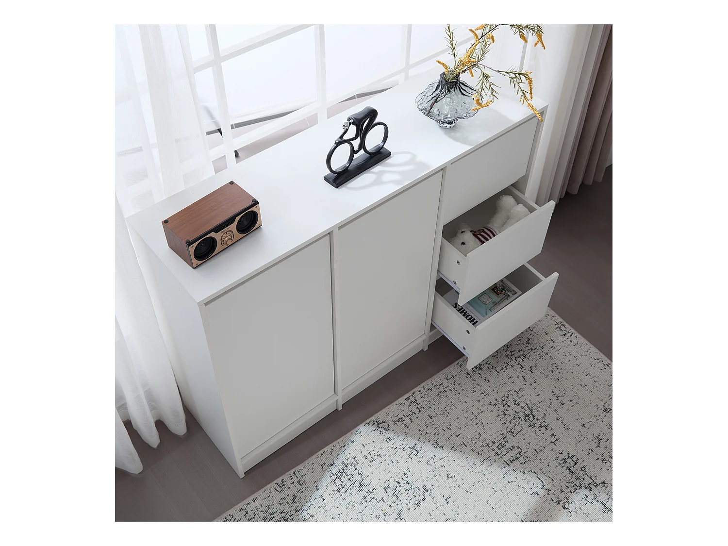 Modernes Sideboard mit 3 Schubladen und 2 Türen – 120 x 35 x 90 cm – Spanplatte – Weiß