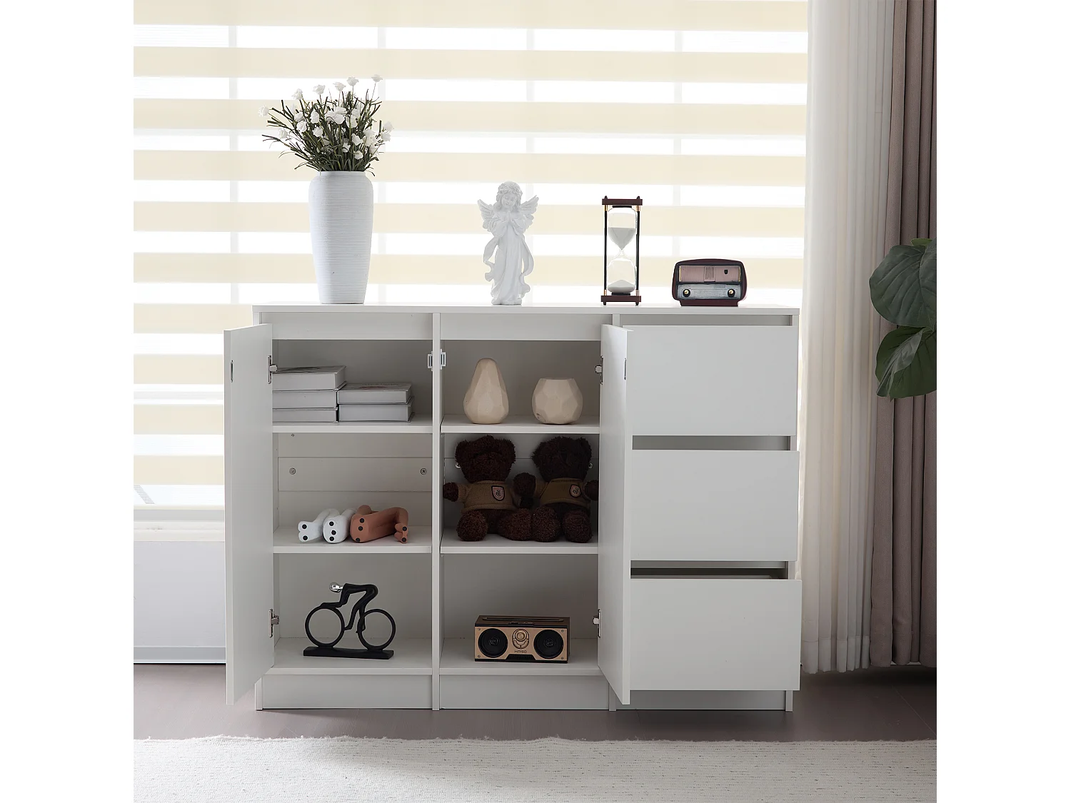 Aparador moderno con 3 cajones y 2 puertas - 120 x 35 x 90 cm - Tablero de partículas - Blanco