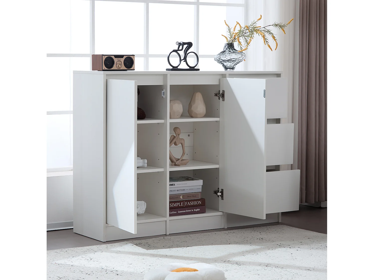 Aparador moderno con 3 cajones y 2 puertas - 120 x 35 x 90 cm - Tablero de partículas - Blanco