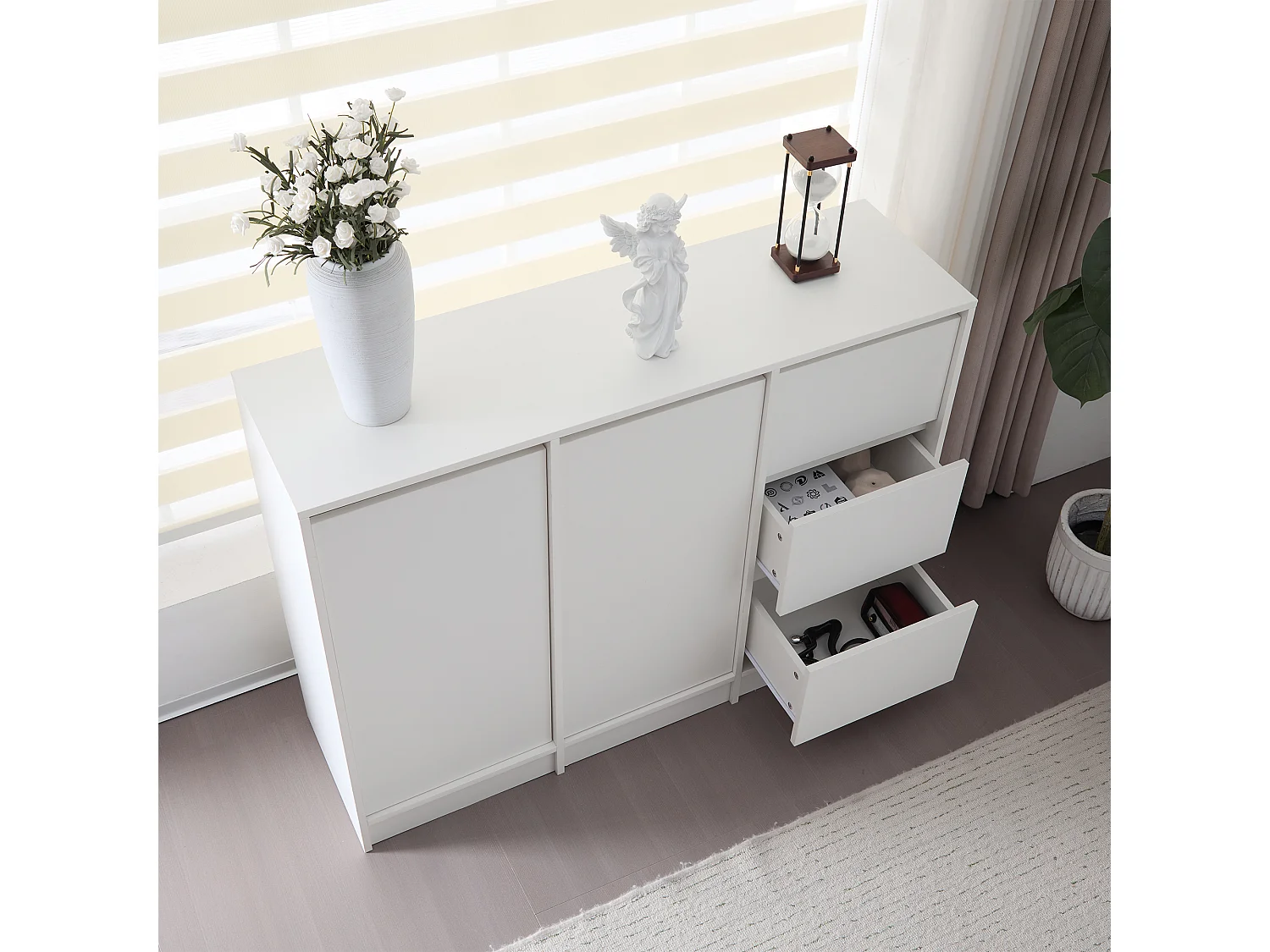 Aparador moderno con 3 cajones y 2 puertas - 120 x 35 x 90 cm - Tablero de partículas - Blanco