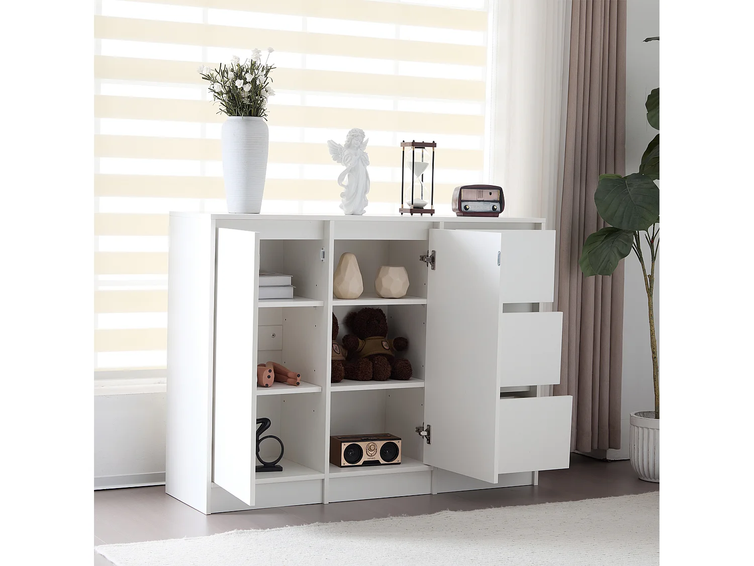 Aparador moderno con 3 cajones y 2 puertas - 120 x 35 x 90 cm - Tablero de partículas - Blanco